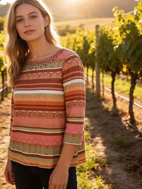 Ruby Rd. Striped Long-Sleeve Crewneck Top in Rust, Pink & Olive